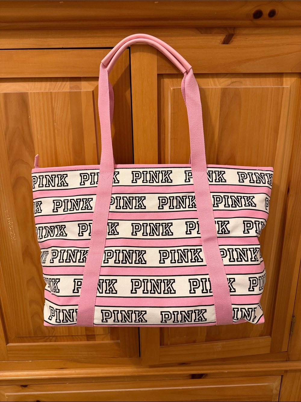 PINK Victoria's Secret Pink and White Logo Stripe Canvas Tote